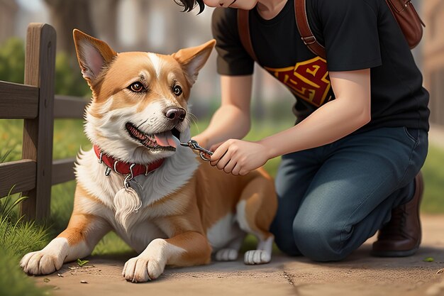 Familia linda mascota perro y dueño niño divirtiéndose juntos fondo de pantalla ilustración de fondo