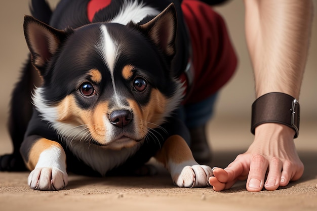 Familia linda mascota perro y dueño niño divirtiéndose juntos fondo de pantalla ilustración de fondo