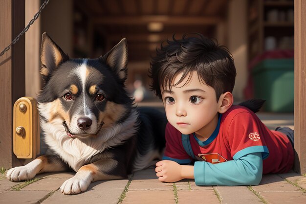 Foto familia linda mascota perro y dueño niño divirtiéndose juntos fondo de pantalla ilustración de fondo