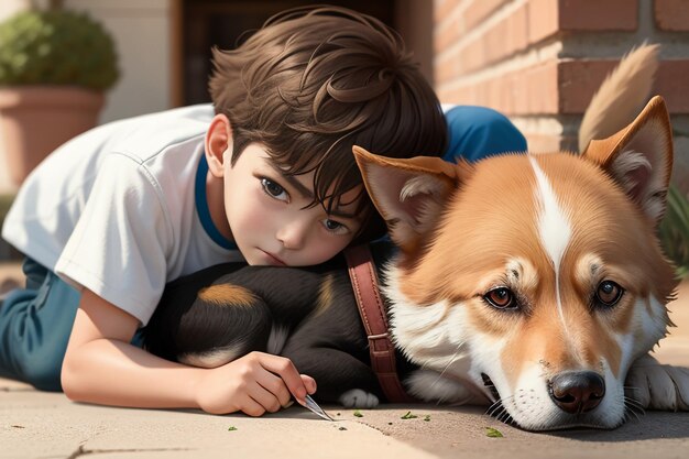 Foto familia linda mascota perro y dueño niño divirtiéndose juntos fondo de pantalla ilustración de fondo