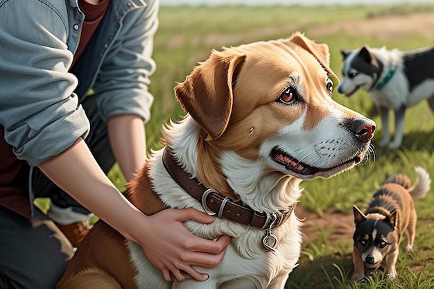 Familia linda mascota perro y dueño niño divirtiéndose juntos fondo de pantalla ilustración de fondo