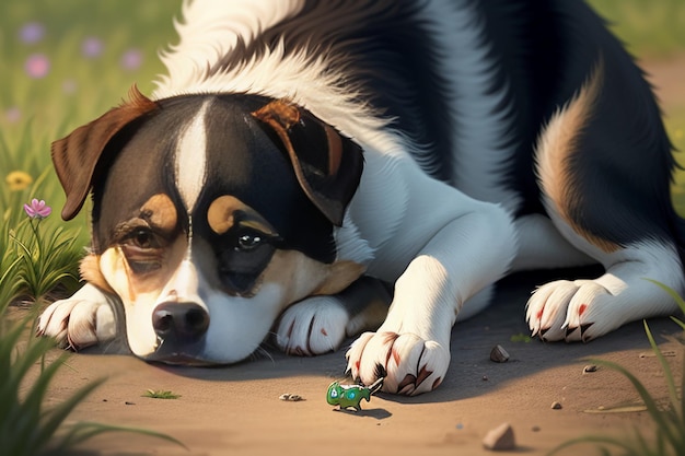 Familia linda mascota perro y dueño niño divirtiéndose juntos fondo de pantalla ilustración de fondo