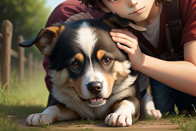 Familia linda mascota perro y dueño niño divirtiéndose juntos fondo de pantalla ilustración de fondo