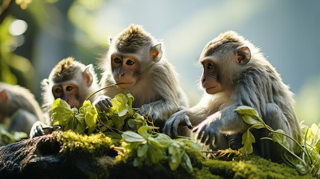 Familia macaca sentada en la selva tropical comiendo