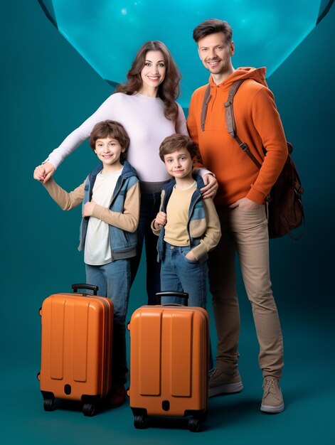 Foto una familia con maletas posando para un viaje