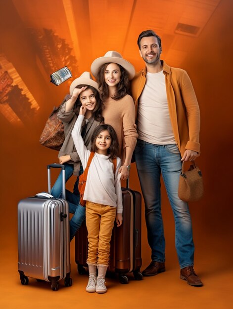 Una familia con maletas posando para un viaje