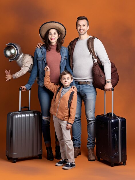 Una familia con maletas posando para un viaje