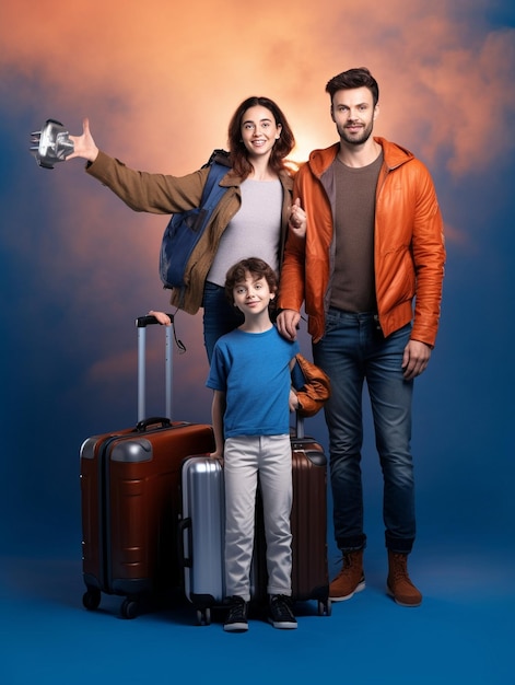 Una familia con maletas posando para un viaje