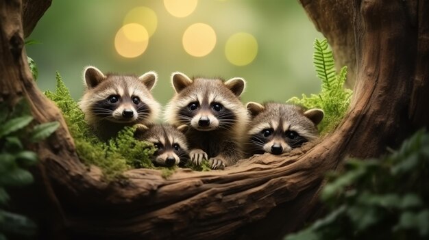 Foto familia de mapaches en hábitat natural con espacio de copia en el fondo del bosque tema de la vida silvestre