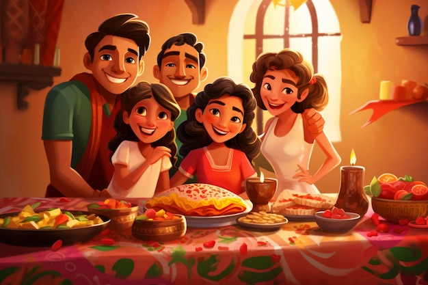 Família mexicana na mesa festiva ilustração 1