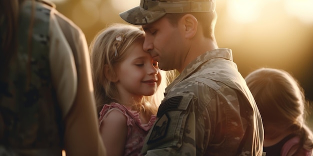 una familia militar compartiendo un momento conmovedor con el soldado creado con tecnología de IA generativa