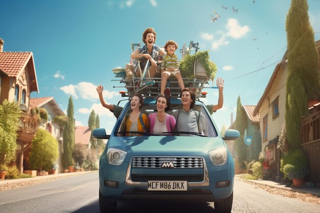 Foto familia en una minivan embarcándose en una carretera de verano