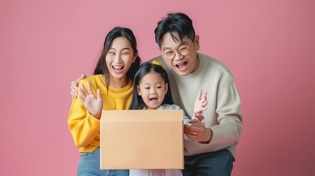 Foto una familia está mirando una caja que dice 
