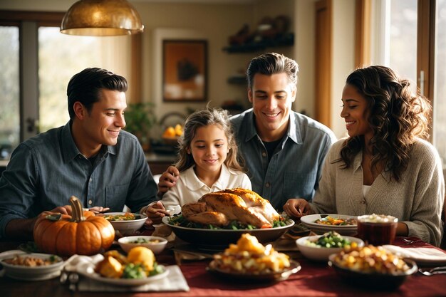 Foto família moderna celebra juntos o dia de ação de graças à mesa