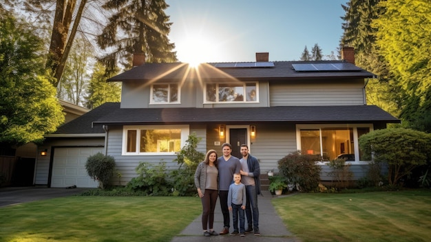 Família moderna feliz posando em frente à sua bela casa Pagamento de hipoteca