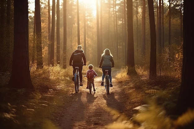 Familia montando en bicicleta por el bosque durante la puesta de sol