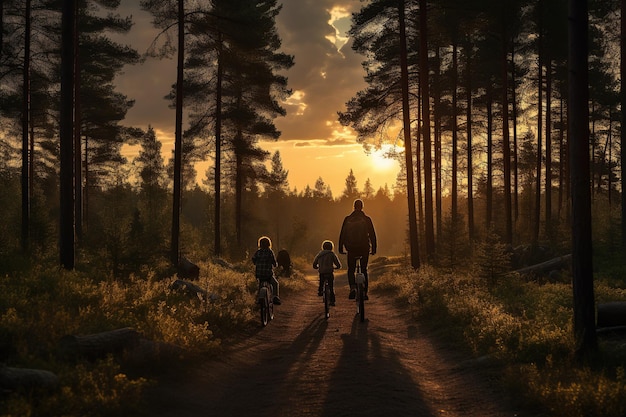 Familia montando en bicicleta por el bosque durante la puesta de sol