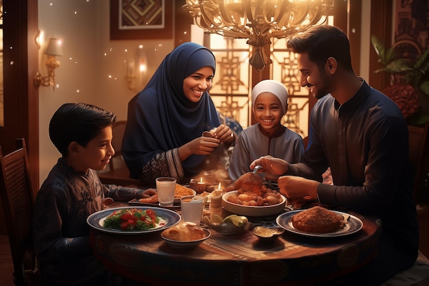 Família muçulmana asiática jantando família árabe comendo iftar no Ramadão