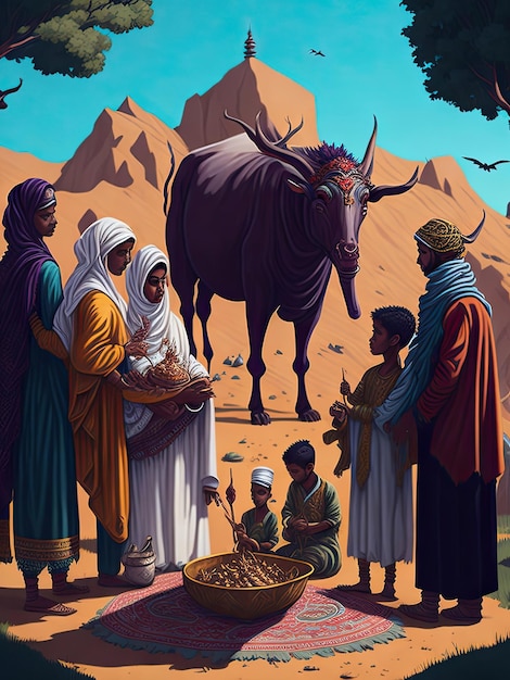 Família muçulmana com búfalo no deserto no festival eid al adha