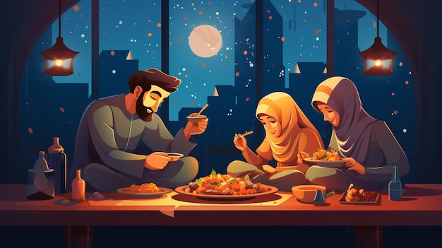 Família muçulmana fazendo iftar juntos