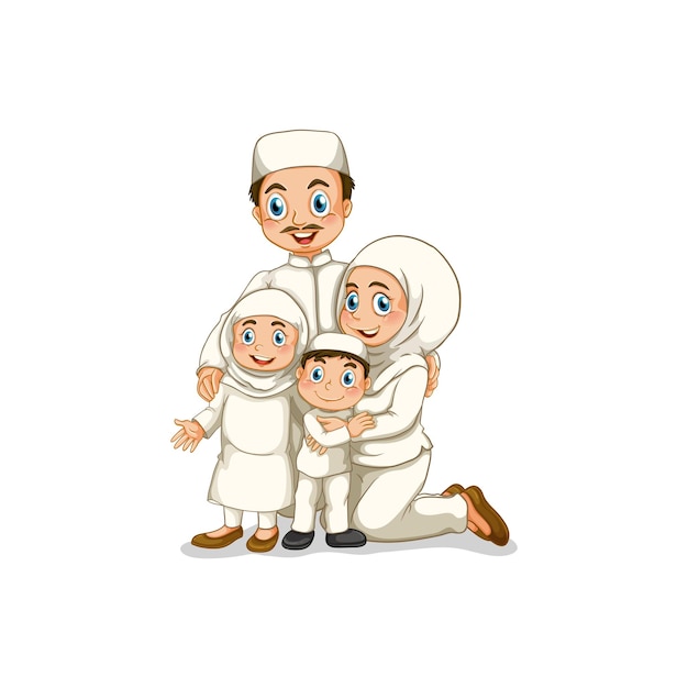 Família muçulmana feliz isolada em um fundo branco Ilustração vetorial