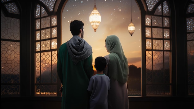 Família muçulmana vê mesquita saudações eid da família muçulmana visão traseira Jumma Mubarak