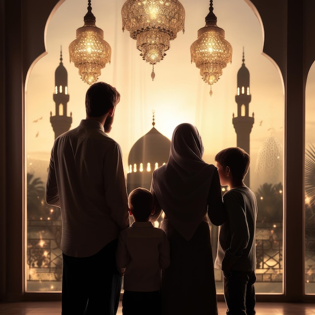 Família muçulmana vê mesquita saudações eid da família muçulmana visão traseira Jumma Mubarak