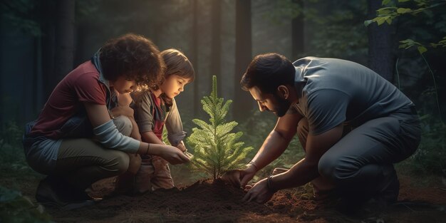 Foto una familia multicultural planta un árbol generativo ai