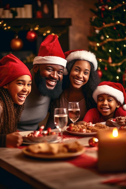 Foto família multiétnica aproveitando o natal em casa