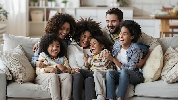 Familia multiétnica feliz en el sofá