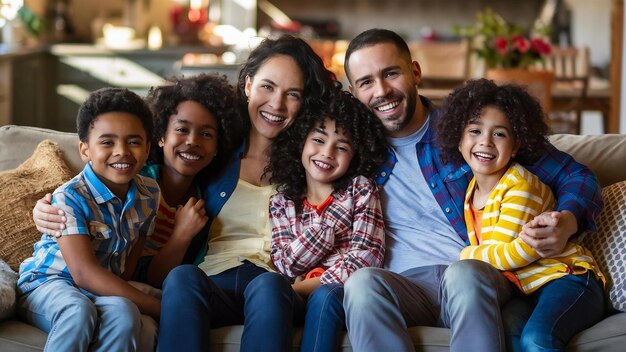 Familia multiétnica feliz en el sofá