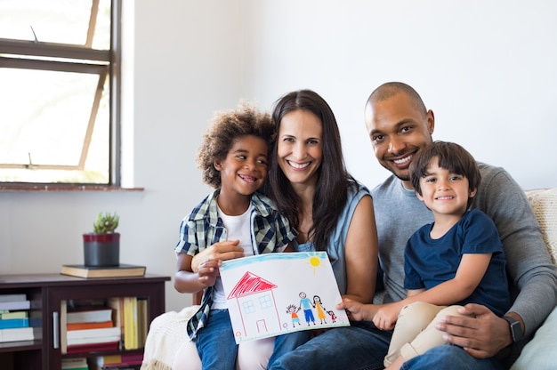 Familia multiétnica en sofá