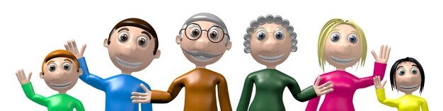 Familia multigeneracional 3D agitando las manos
