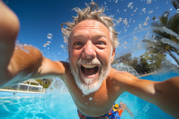 La familia multigeneracional disfruta de diversión y tiempo de calidad juntos en la piscina del patio trasero