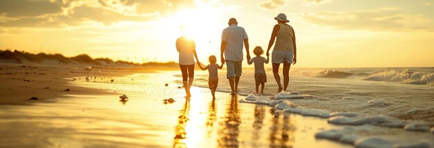 Una familia multigeneracional se pasea por la orilla de las aguas recogiendo conchas marinas y creando cherishe