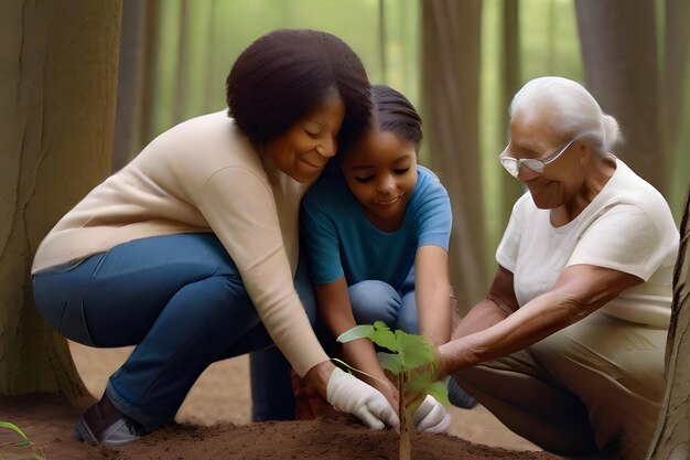 Família multigeracional e árvore de plantas na floresta