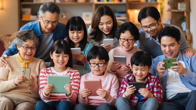 Foto família multigerações com dispositivos eletrónicos