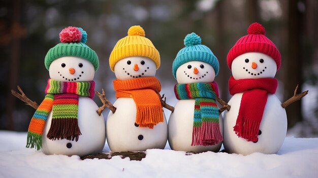 Foto una familia de muñecos de nieve con bufandas de colores