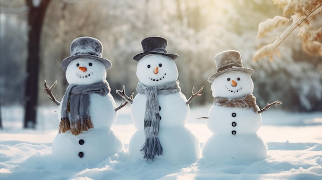 Familia de muñecos de nieve en un fondo de invierno telón de fondo de Navidad divertidos muñecos De nieve en el estandarte de nieve
