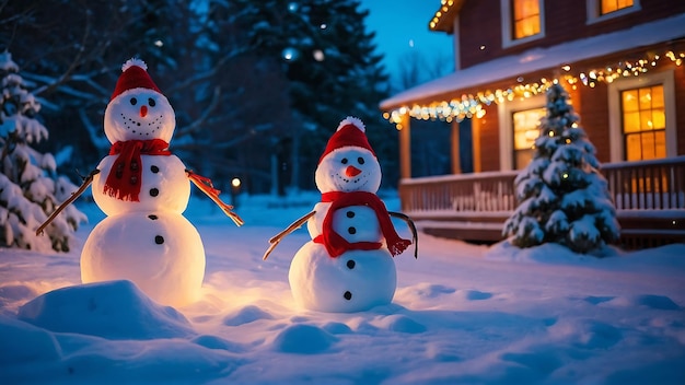 Familia de muñecos de nieve frente a la casa decorada para Navidad y Año Nuevo