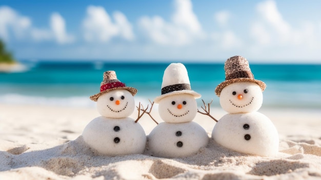 Familia de muñecos de nieve de la playa tropical al atardecer