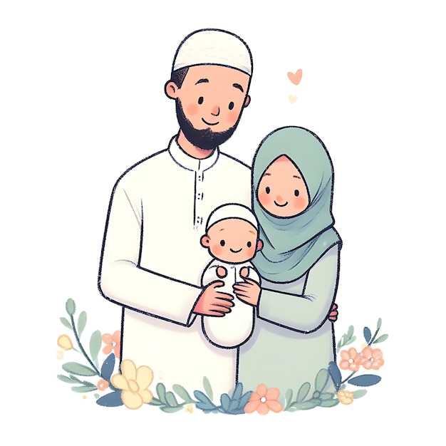 Foto familia musulmana con un bebé con una ilustración de dibujos animados dibujada a mano
