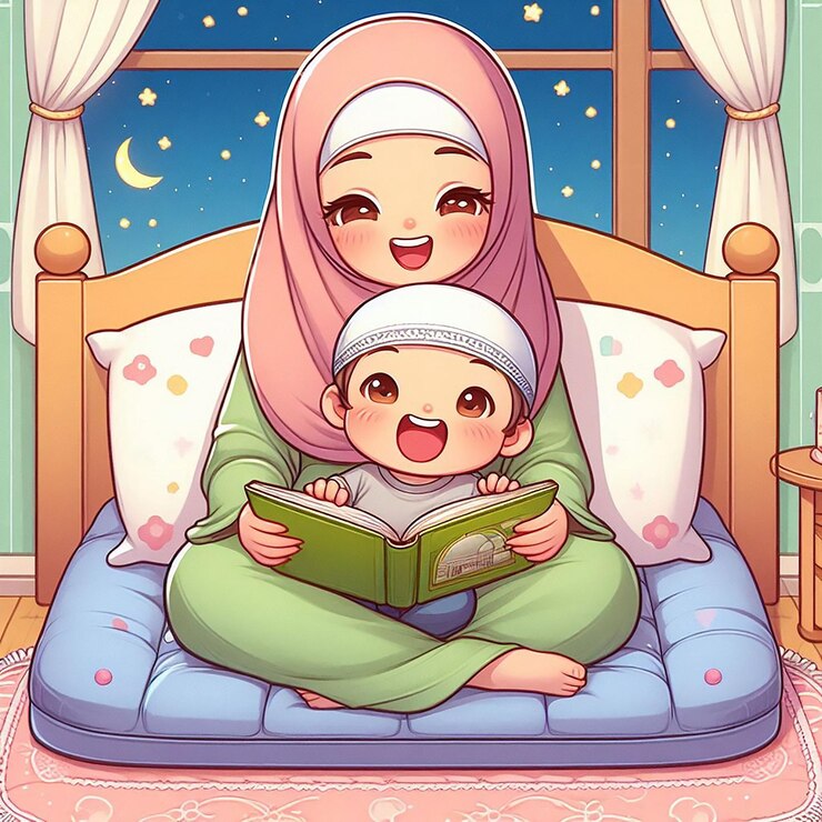 Una familia musulmana está leyendo un libro de cuentos en el dormitorio.
