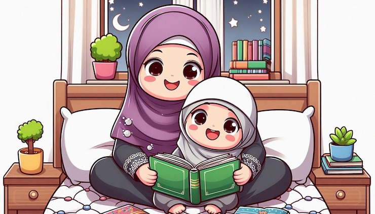 Una familia musulmana está leyendo un libro de cuentos en el dormitorio.