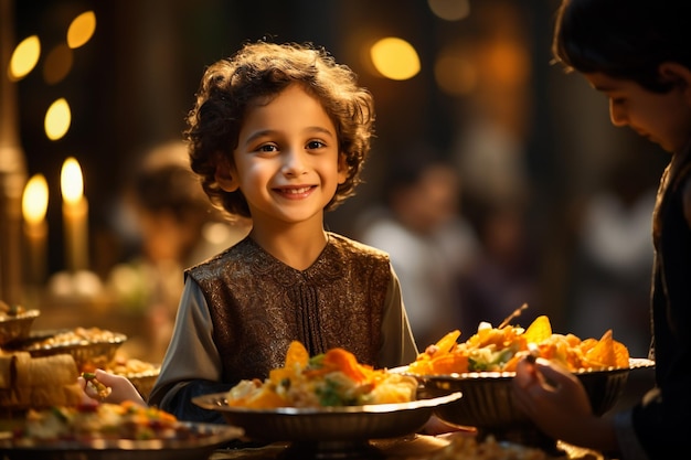 Familia musulmana feliz disfrutando mientras hablan durante la cena en la mesa