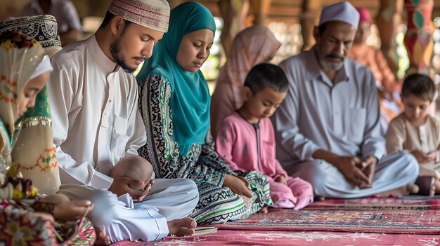 Foto una familia musulmana está orando juntos en una mezquita