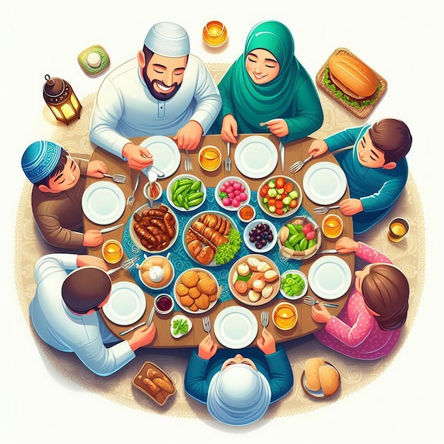 Familia musulmana teniendo Iftar juntos en el Ramadán