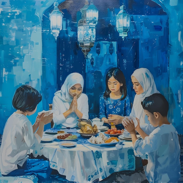 Una familia musulmana tomando el iftar después de un largo día de ayuno