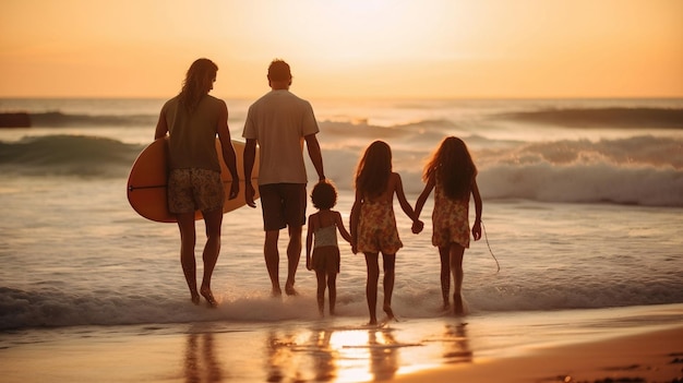Família na praia ao pôr-do-sol