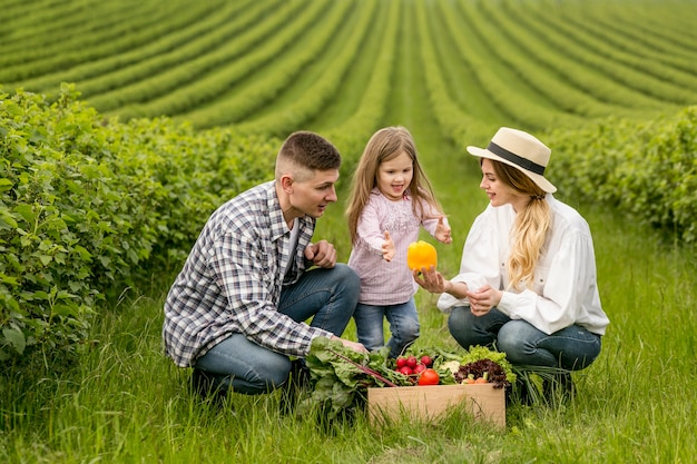 Família na terra com cesta de legumes